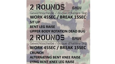Core muscle workout: 2 x 2 rounds - work45sec/break15sec